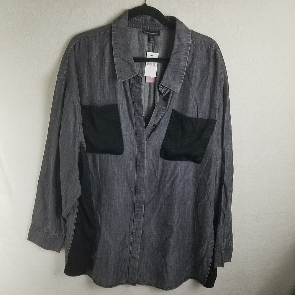 Lane Bryant Button Down Shirt Womens 26 Grey New Contrast Panel Tencel Blouse